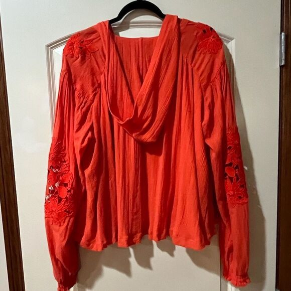 FREE PEOPLE Hooded Top Eyelet Embroidered Cotton Gauze Orange/Red Women’s Medium - Picture 5 of 9
